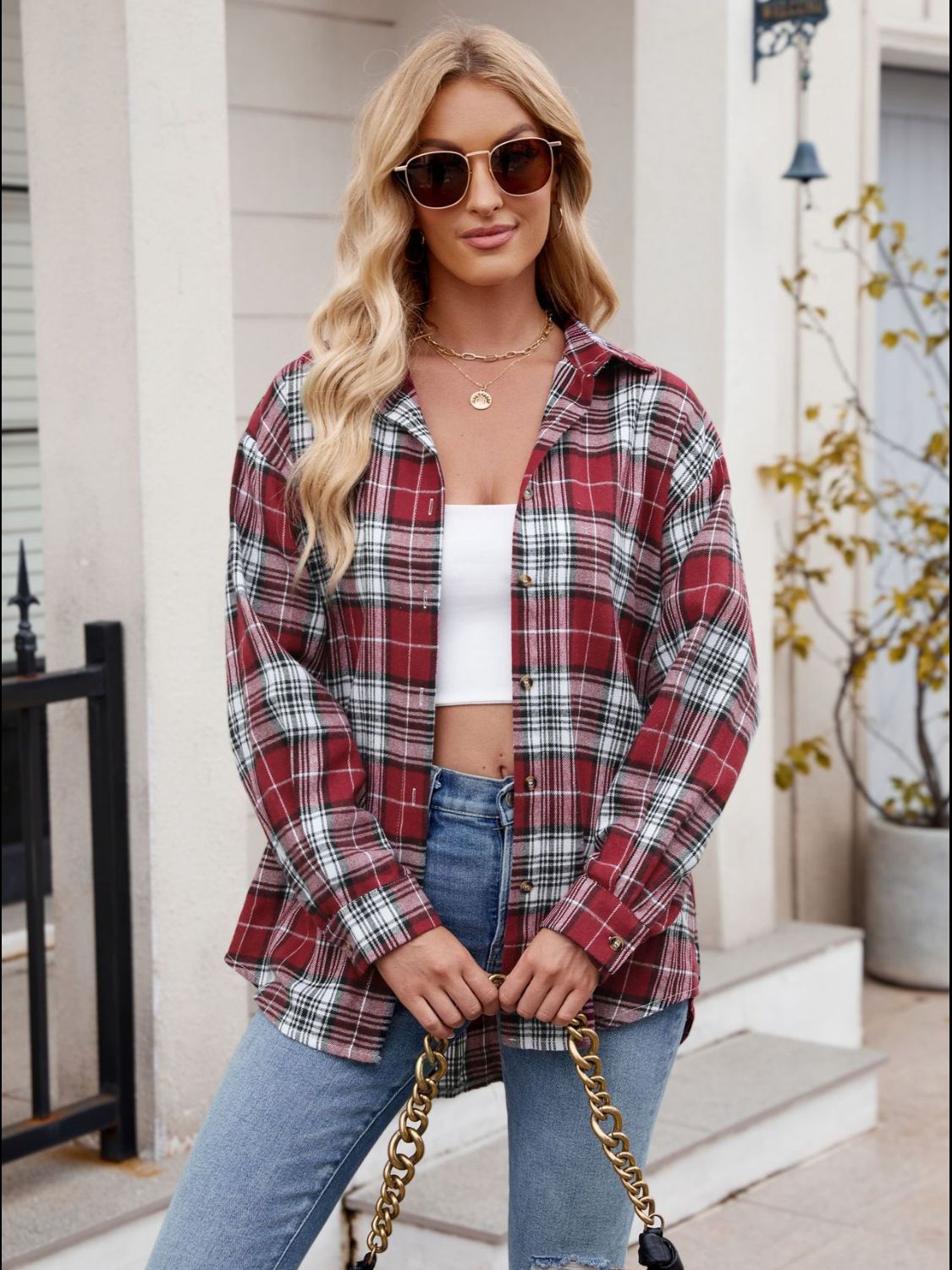 Mandy Pocketed Plaid Collared Neck Long Sleeve Shirt